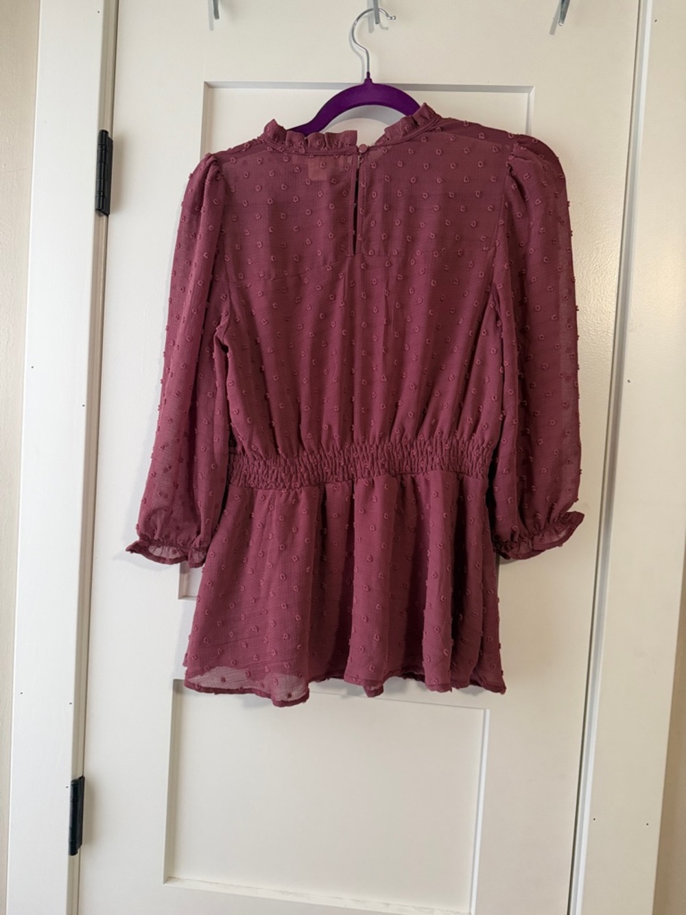 Monteau Plum Swiss Dot Long Sleeve Blouse - Picture 5 of 6